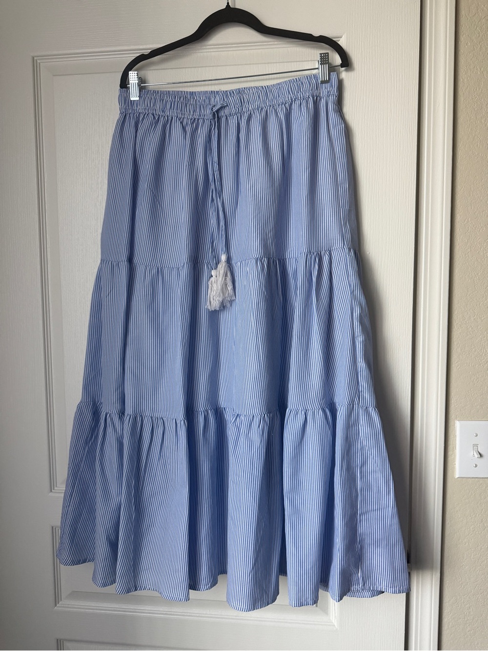 Striped Light Blue Tiered Maxi Skirt with Tassel Tie